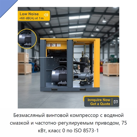 Безмасляный винтовой компрессор с водяной смазкой и частотно-регулируемым приводом, 75 кВт, класс 0 по ISO 8573-1