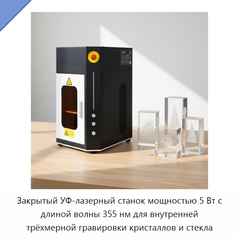 Закрытый УФ-лазерный станок мощностью 5 Вт с длиной волны 355 нм для внутренней трёхмерной гравировки кристаллов и стекла — Лазерные маркировочные станки