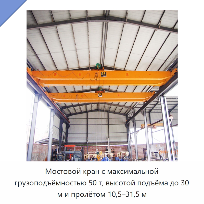 Мостовой кран с максимальной грузоподъёмностью 50 т, высотой подъёма до 30 м и пролётом 10,5–31,5 м — Краны