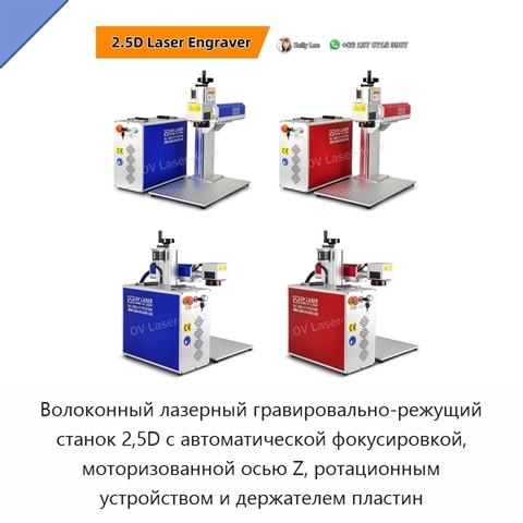 Волоконный лазерный гравировально-режущий станок 2,5D с автоматической фокусировкой, моторизованной осью Z, ротационным устройством и держателем пластин