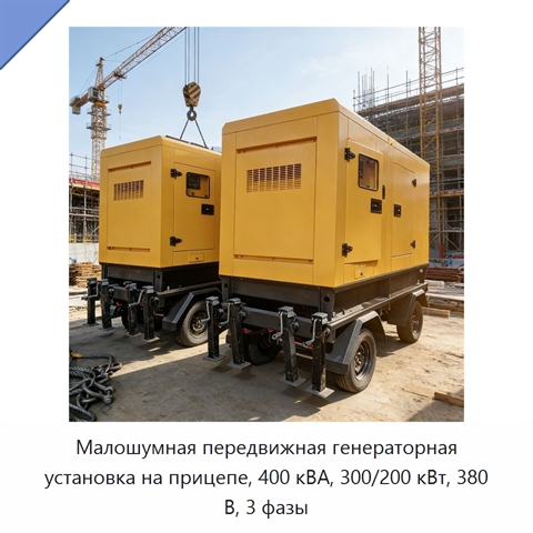 Малошумная передвижная генераторная установка на прицепе, 400 кВА, 300/200 кВт, 380 В, 3 фазы