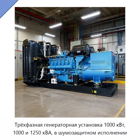 Трёхфазная генераторная установка 1000 кВт, 1000 и 1250 кВА, в шумозащитном исполнении