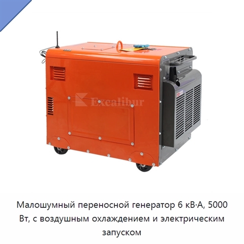 Малошумный переносной генератор 6 кВ·А, 5000 Вт, с воздушным охлаждением и электрическим запуском