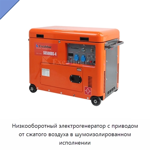 Низкооборотный электрогенератор с приводом от сжатого воздуха в шумоизолированном исполнении