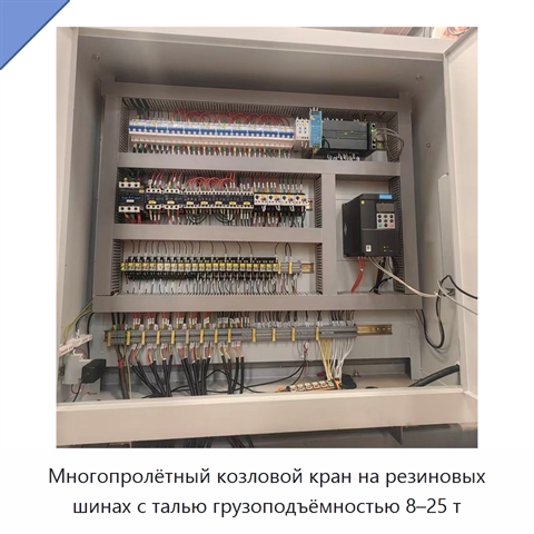 Многопролётный козловой кран на резиновых шинах с талью грузоподъёмностью 8–25 т