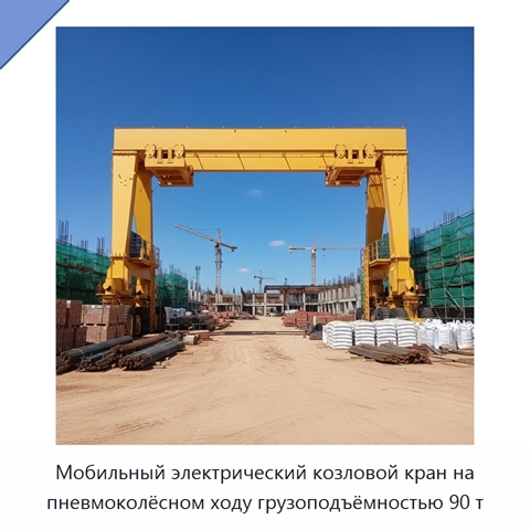 Мобильный электрический козловой кран на пневмоколёсном ходу грузоподъёмностью 90 т
