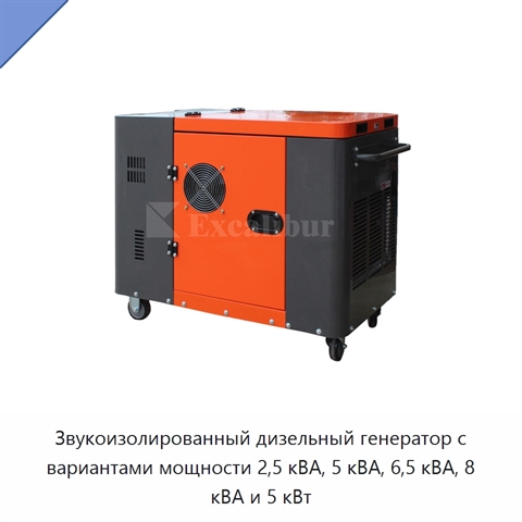 Звукоизолированный дизельный генератор с вариантами мощности 2,5 кВА, 5 кВА, 6,5 кВА, 8 кВА и 5 кВт