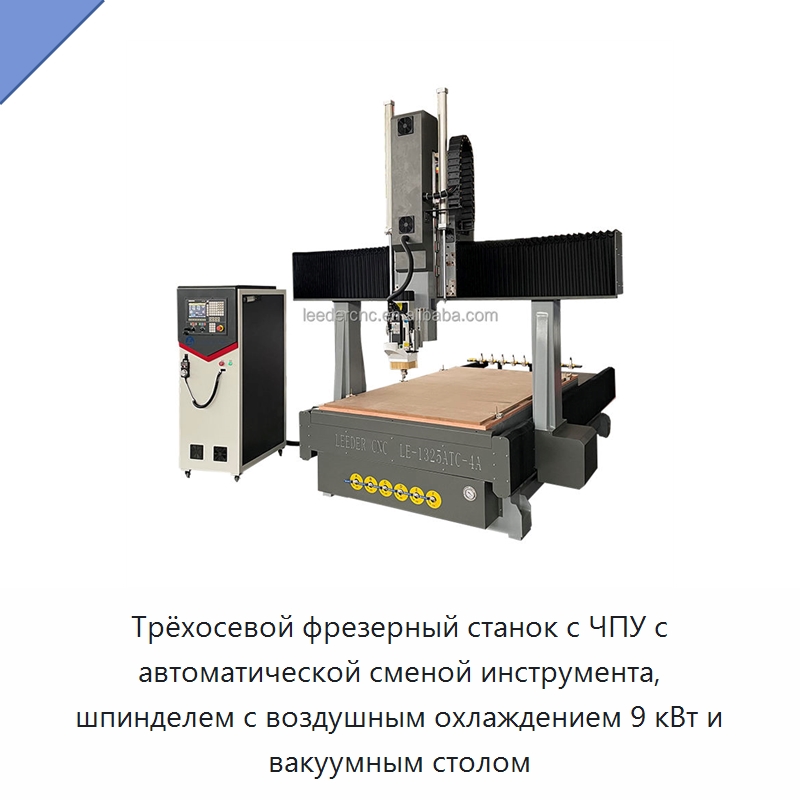 Трёхосевой фрезерный станок с ЧПУ с автоматической сменой инструмента, шпинделем с воздушным охлаждением 9 кВт и вакуумным столом — Фрезерные станки по дереву