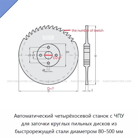Автоматический четырёхосевой станок с ЧПУ для заточки круглых пильных дисков из быстрорежущей стали диаметром 80–500 мм