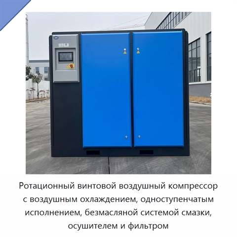Ротационный винтовой воздушный компрессор с воздушным охлаждением, одноступенчатым исполнением, безмасляной системой смазки, осушителем и фильтром