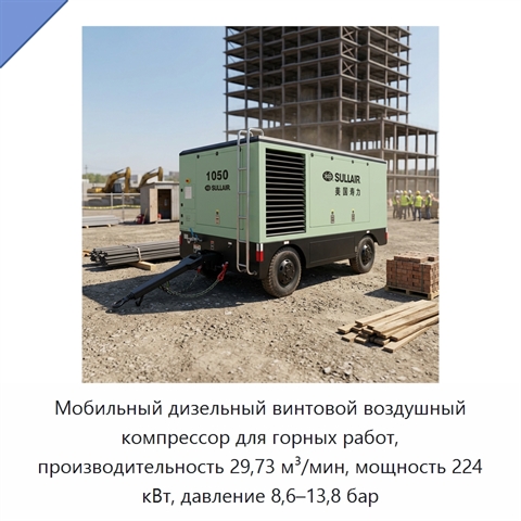 Мобильный дизельный винтовой воздушный компрессор для горных работ, производительность 29,73 м³/мин, мощность 224 кВт, давление 8,6–13,8 бар
