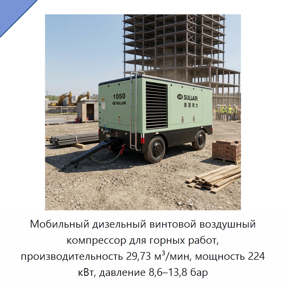 Мобильный дизельный винтовой воздушный компрессор для горных работ, производительность 29,73 м³/мин, мощность 224 кВт, давление 8,6–13,8 бар — Промышленные компрессоры