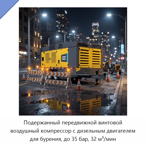 Подержанный передвижной винтовой воздушный компрессор с дизельным двигателем для бурения, до 35 бар, 32 м³/мин