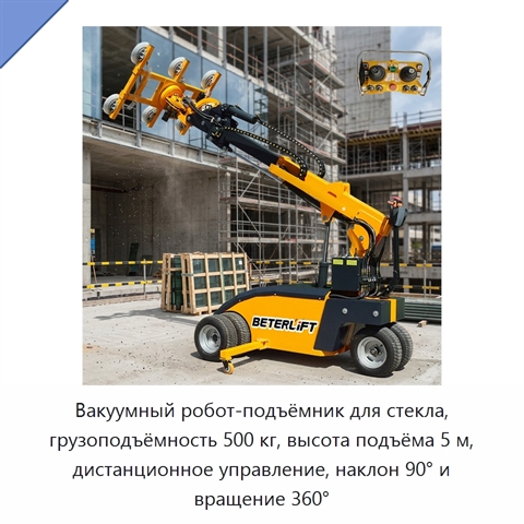 Вакуумный робот-подъёмник для стекла, грузоподъёмность 500 кг, высота подъёма 5 м, дистанционное управление, наклон 90° и вращение 360°