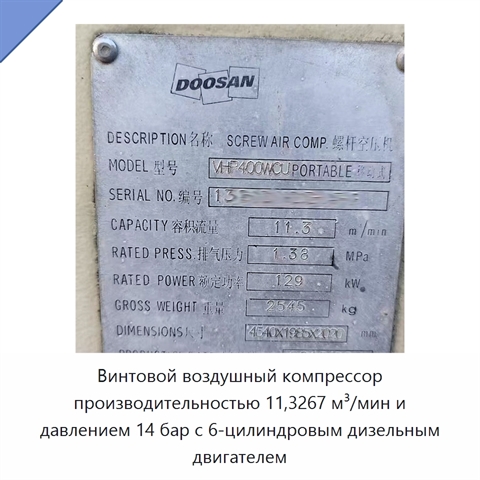 Винтовой воздушный компрессор производительностью 11,3267 м³/мин и давлением 14 бар с 6-цилиндровым дизельным двигателем