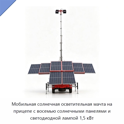 Мобильная солнечная осветительная мачта на прицепе с восемью солнечными панелями и светодиодной лампой 1,5 кВт