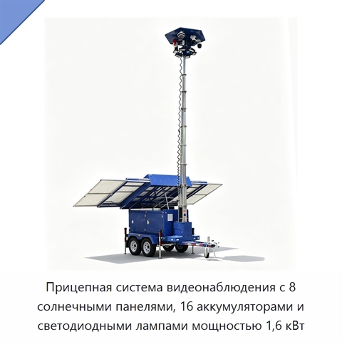 Прицепная система видеонаблюдения с 8 солнечными панелями, 16 аккумуляторами и светодиодными лампами мощностью 1,6 кВт