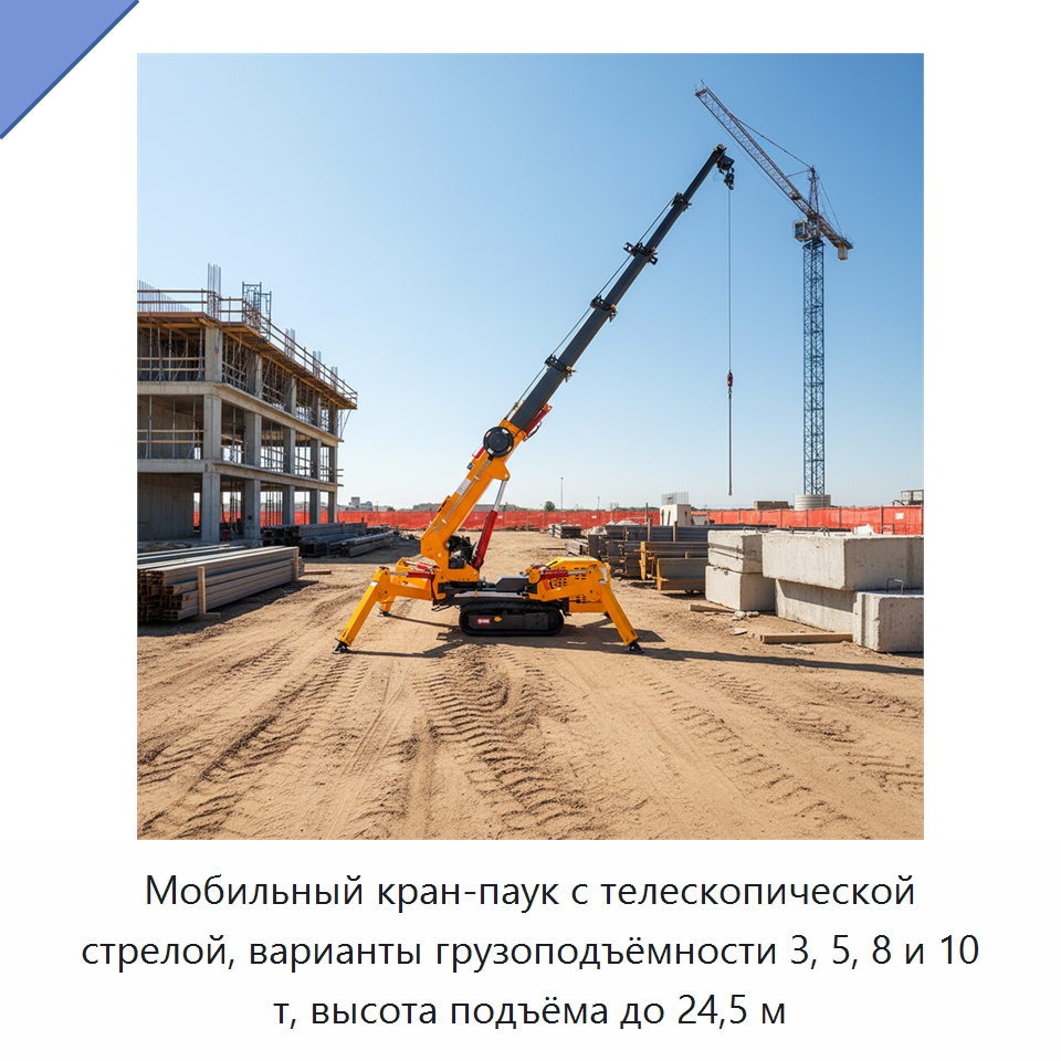 Мобильный кран-паук с телескопической стрелой, варианты грузоподъёмности 3, 5, 8 и 10 т, высота подъёма до 24,5 м — Краны