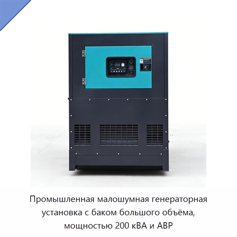 Промышленная малошумная генераторная установка с баком большого объёма, мощностью 200 кВА и АВР