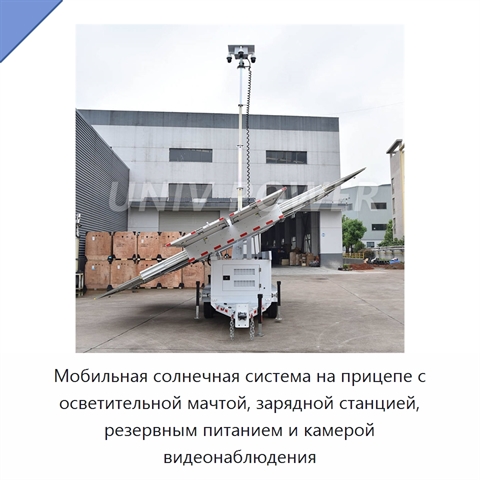 Мобильная солнечная система на прицепе с осветительной мачтой, зарядной станцией, резервным питанием и камерой видеонаблюдения
