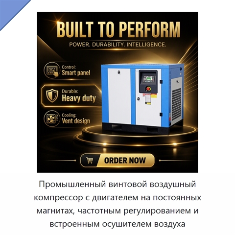 Промышленный винтовой воздушный компрессор с двигателем на постоянных магнитах, частотным регулированием и встроенным осушителем воздуха