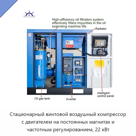 Стационарный винтовой воздушный компрессор с двигателем на постоянных магнитах и частотным регулированием, 22 кВт