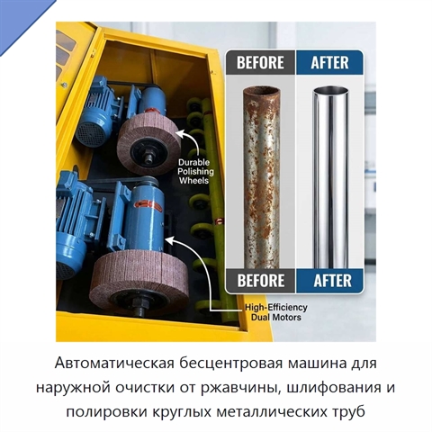 Автоматическая бесцентровая машина для наружной очистки от ржавчины, шлифования и полировки круглых металлических труб