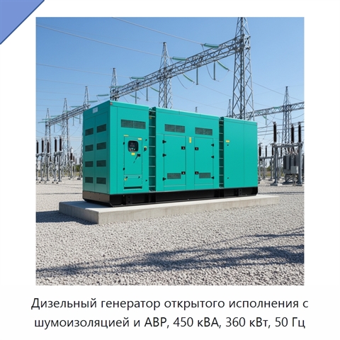 Дизельный генератор открытого исполнения с шумоизоляцией и АВР, 450 кВА, 360 кВт, 50 Гц