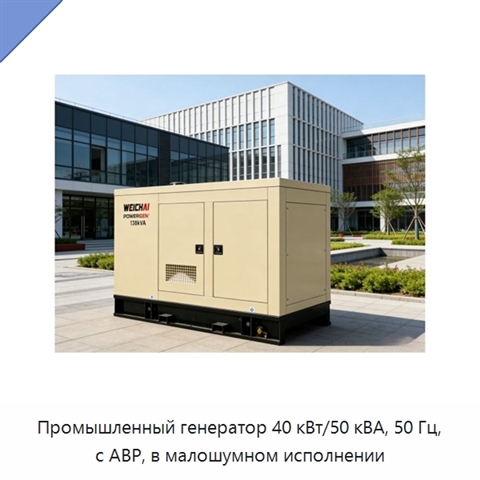 Промышленный генератор 40 кВт/50 кВА, 50 Гц, с АВР, в малошумном исполнении