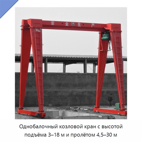 Однобалочный козловой кран с высотой подъёма 3–18 м и пролётом 4,5–30 м
