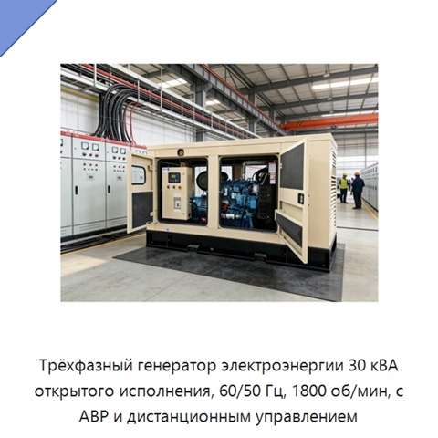 Трёхфазный генератор электроэнергии 30 кВА открытого исполнения, 60/50 Гц, 1800 об/мин, с АВР и дистанционным управлением