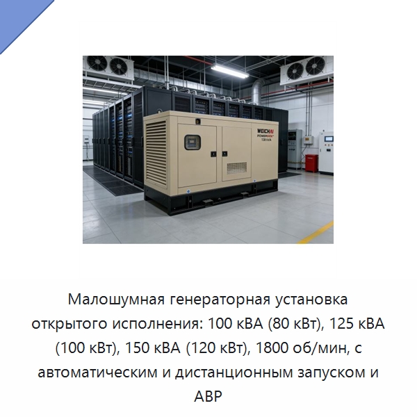 Малошумная генераторная установка открытого исполнения: 100 кВА (80 кВт), 125 кВА (100 кВт), 150 кВА (120 кВт), 1800 об/мин, с автоматическим и дистанционным запуском и АВР