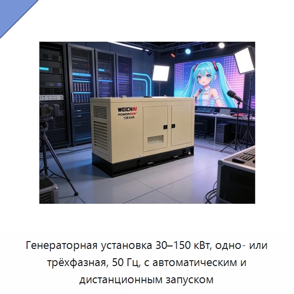Генераторная установка 30–150 кВт, одно- или трёхфазная, 50 Гц, с автоматическим и дистанционным запуском — Дизельные генераторы