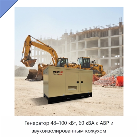 Генератор 48–100 кВт, 60 кВА с АВР и звукоизолированным кожухом