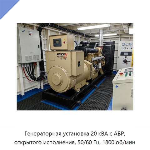 Генераторная установка 20 кВА с АВР, открытого исполнения, 50/60 Гц, 1800 об/мин