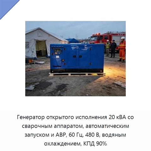 Генератор открытого исполнения 20 кВА со сварочным аппаратом, автоматическим запуском и АВР, 60 Гц, 480 В, водяным охлаждением, КПД 90%