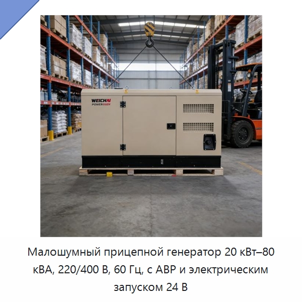 Малошумный прицепной генератор 20 кВт–80 кВА, 220/400 В, 60 Гц, с АВР и электрическим запуском 24 В — Дизельные генераторы
