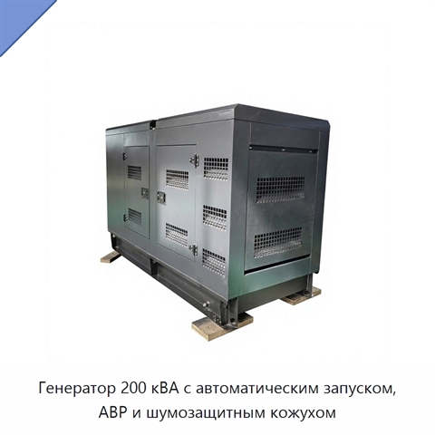 Генератор 200 кВА с автоматическим запуском, АВР и шумозащитным кожухом
