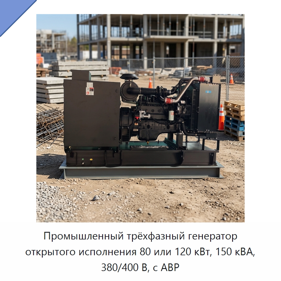 Промышленный трёхфазный генератор открытого исполнения 80 или 120 кВт, 150 кВА, 380/400 В, с АВР — Дизельные генераторы