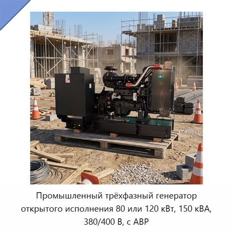 Промышленный трёхфазный генератор открытого исполнения 80 или 120 кВт, 150 кВА, 380/400 В, с АВР