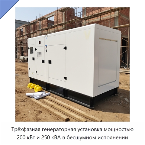 Трёхфазная генераторная установка мощностью 200 кВт и 250 кВА в бесшумном исполнении