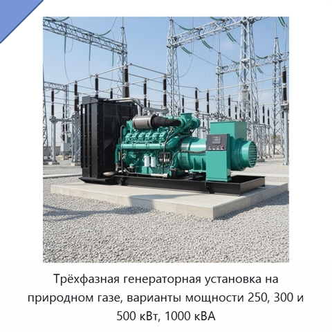 Трёхфазная генераторная установка на природном газе, варианты мощности 250, 300 и 500 кВт, 1000 кВА