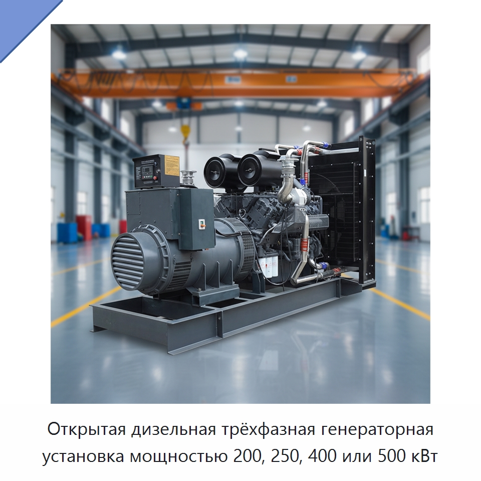 Открытая дизельная трёхфазная генераторная установка мощностью 200, 250, 400 или 500 кВт — Дизельные генераторы