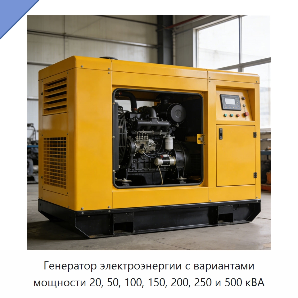 Генератор электроэнергии с вариантами мощности 20, 50, 100, 150, 200, 250 и 500 кВА — Дизельные генераторы