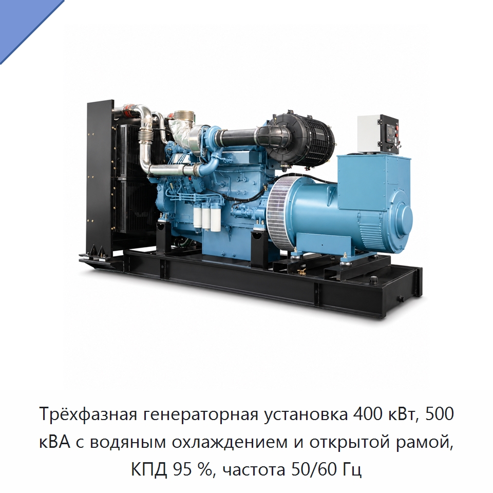 Трёхфазная генераторная установка 400 кВт, 500 кВА с водяным охлаждением и открытой рамой, КПД 95 %, частота 50/60 Гц — Дизельные генераторы