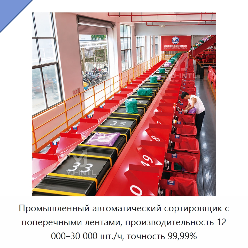 Промышленный автоматический сортировщик с поперечными лентами, производительность 12 000–30 000 шт./ч, точность 99,99% — Сортировочный конвейер