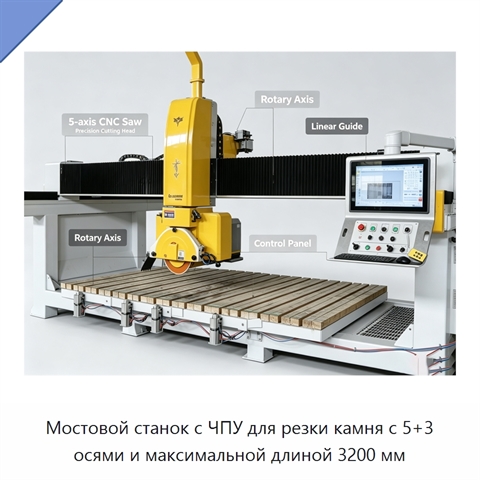 Мостовой станок с ЧПУ для резки камня с 5+3 осями и максимальной длиной 3200 мм
