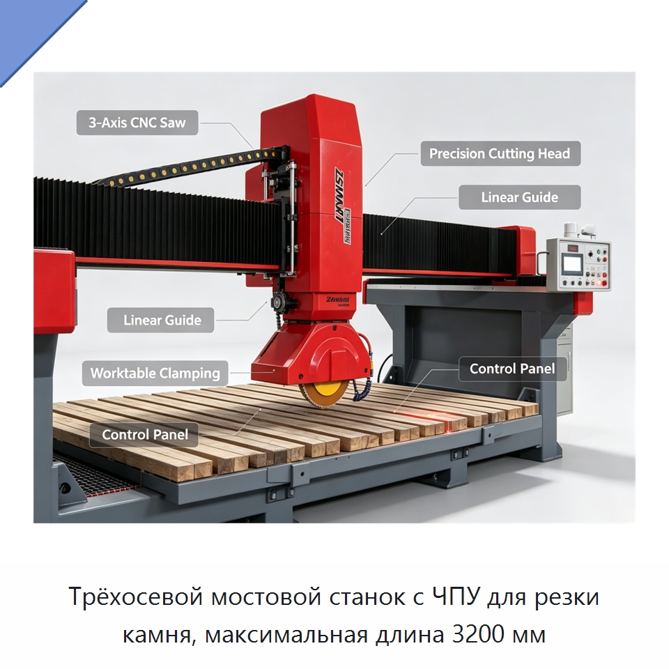 Трёхосевой мостовой станок с ЧПУ для резки камня, максимальная длина 3200 мм — Оборудование для обработки камня