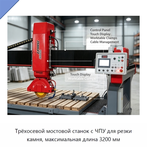 Трёхосевой мостовой станок с ЧПУ для резки камня, максимальная длина 3200 мм