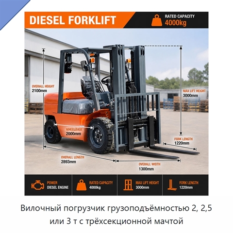 Вилочный погрузчик грузоподъёмностью 2, 2,5 или 3 т с трёхсекционной мачтой